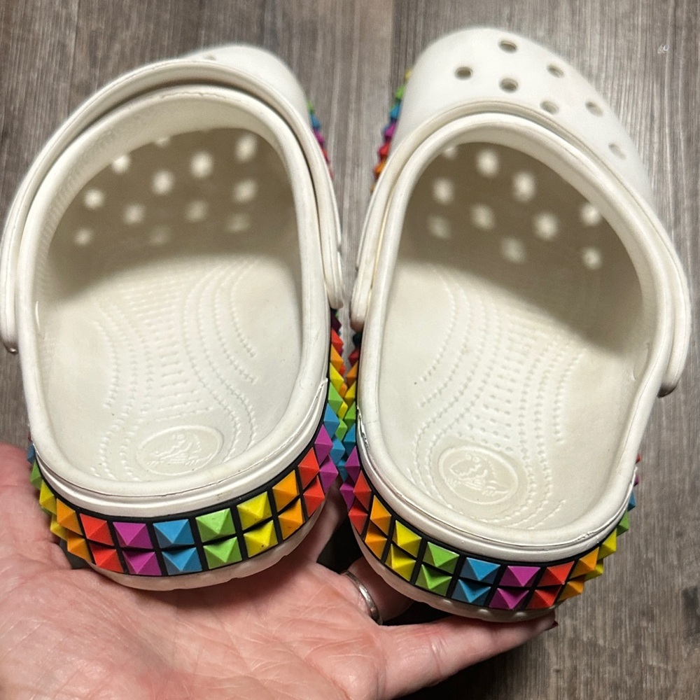 CROCS White Classic Clog with Rainbow Spike Trim - Picture 6 of 6